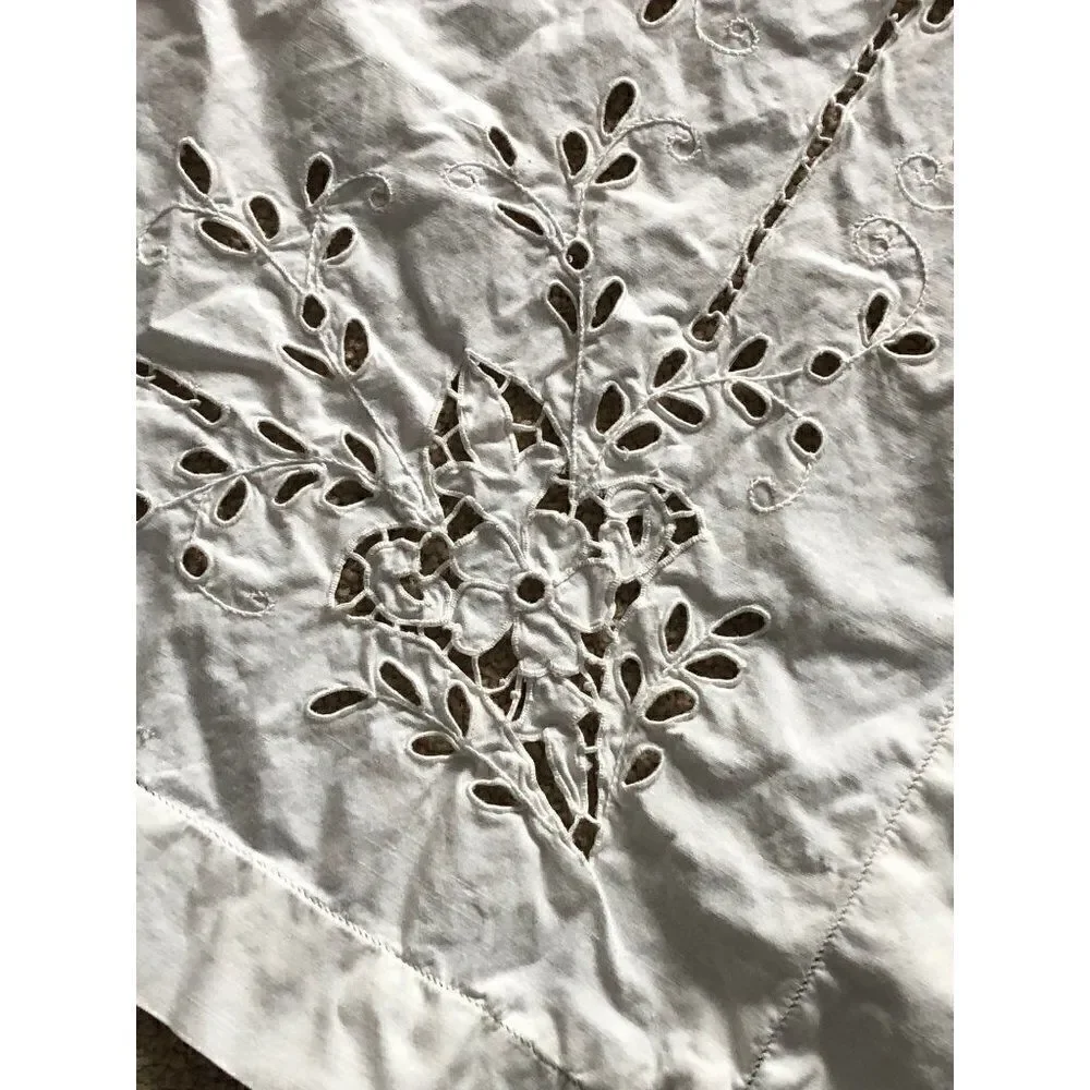 Vintage Hand Embroidered Pillowcase White Cut Work 28” x 18”
